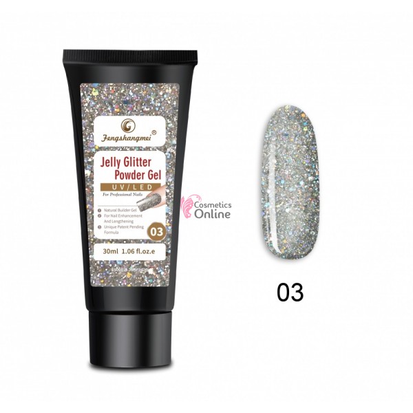 PolyGel UV /LED pentru unghii false FSM Jelly Glitter Powder Gel 30 ML G03 Argintiu cu Reflexii
